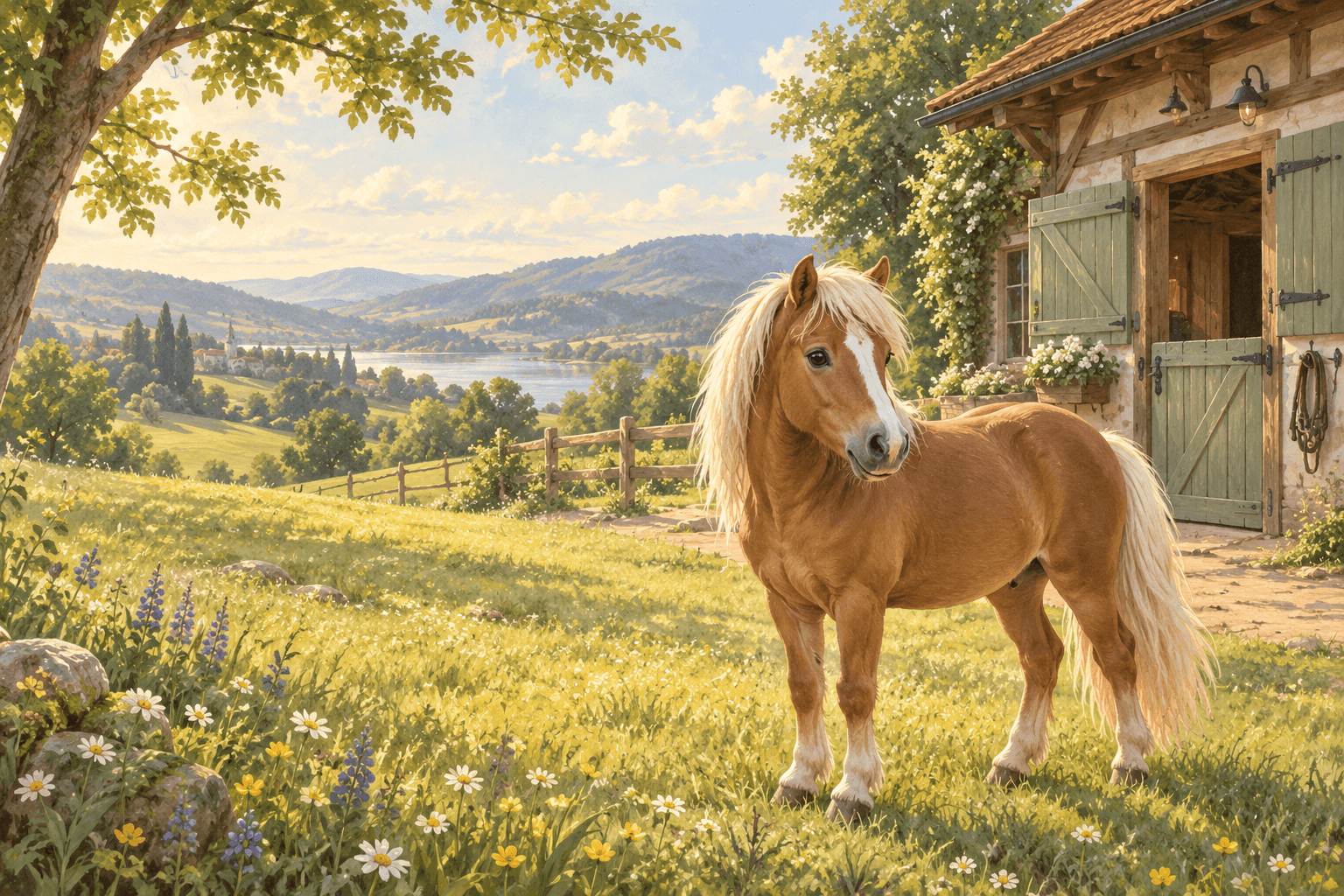Ein Pony auf einer sonnigen Wiese als Begleiter beim Englischlernen